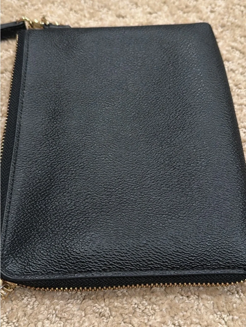 Tory Burch Black Pebbled Leather Wristlet with Gold Logo
